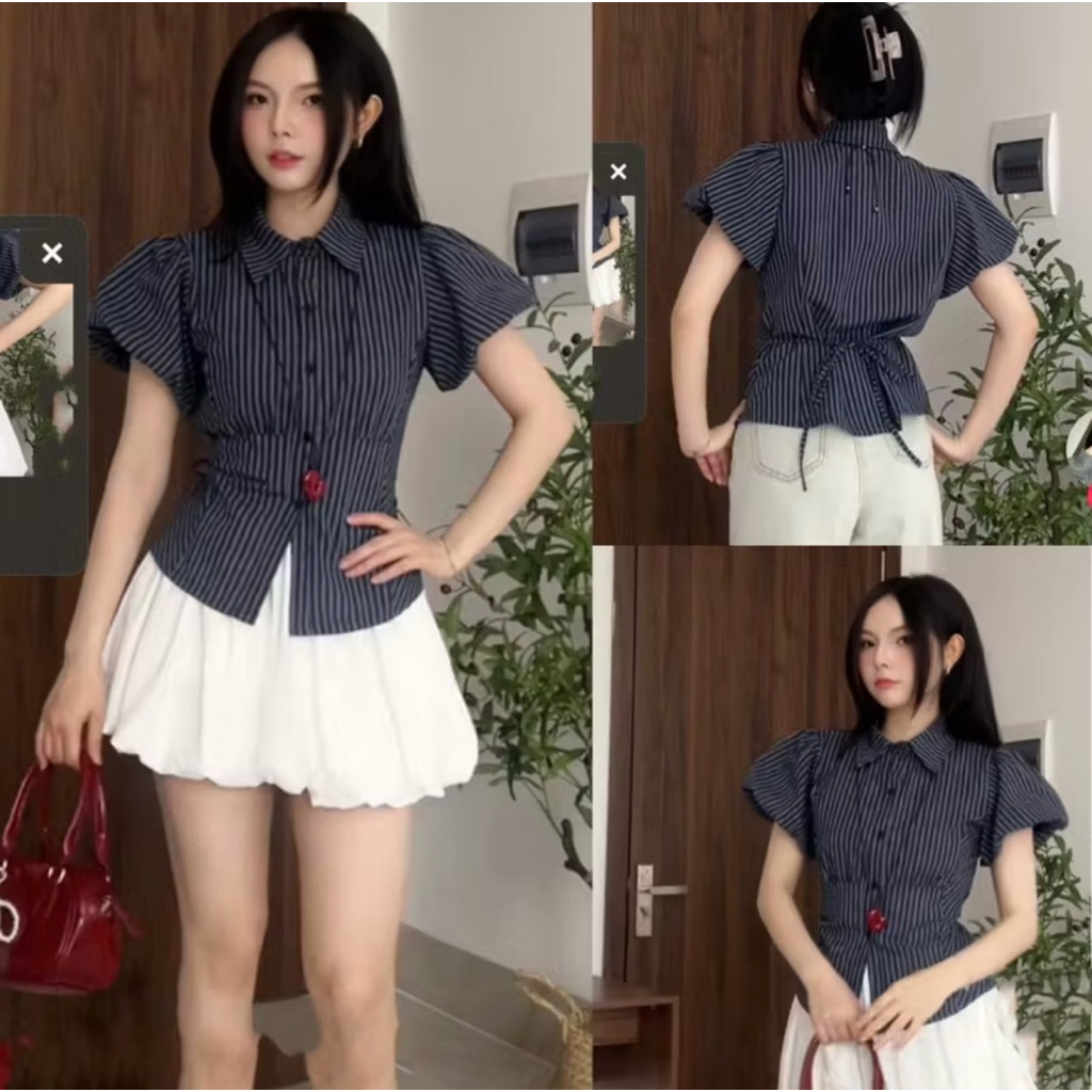 Áo Sơ Mi Nữ Tay Ngắn Bồng Cổ Đức Buộc Dây Eo Dáng Lửng , Sơ Mi Nữ Kẻ Hè Kiểu Hàn Quốc LOSY.STORE