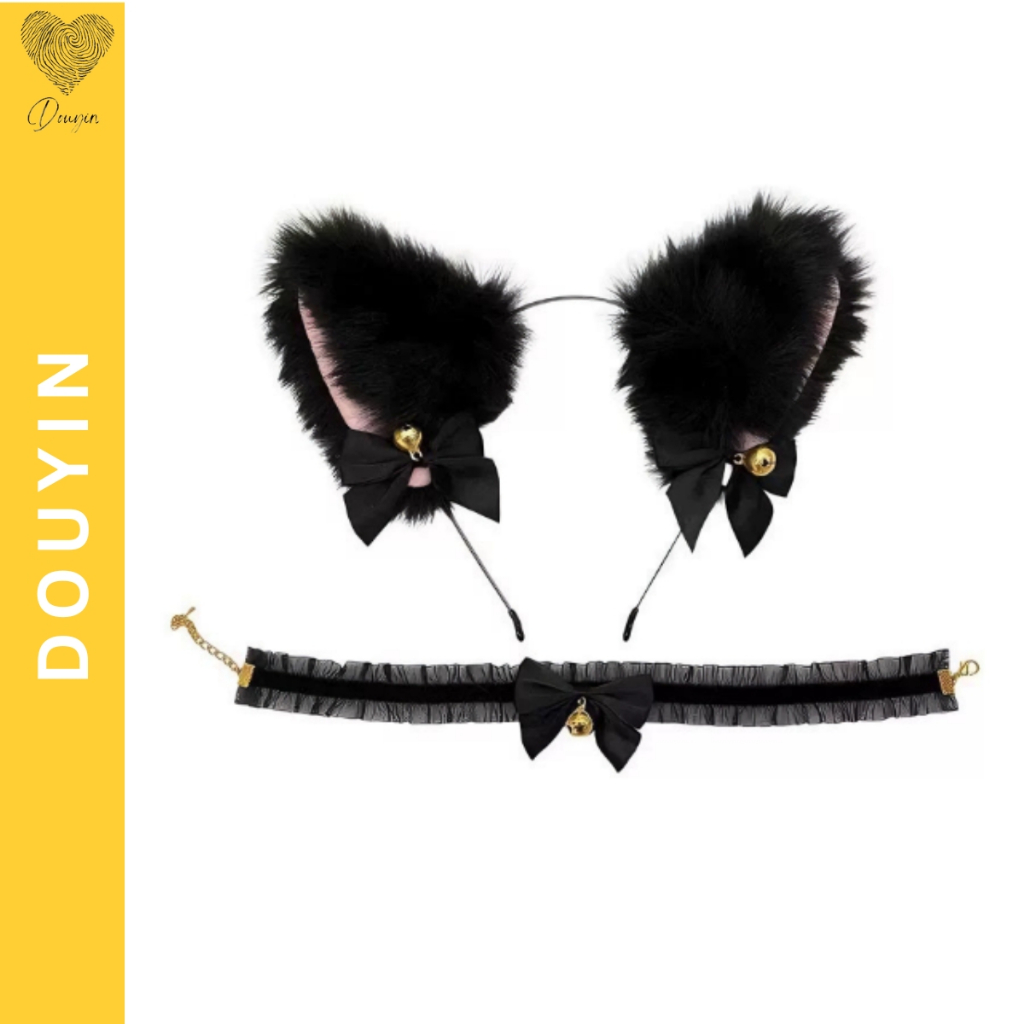 Bộ Phụ Kiện Tai Mèo Cosplay, Bờm Tai Mèo Lông Mềm Dễ Thương, Vòng Cổ Choker Chuông Đen Hóa Trang Hal