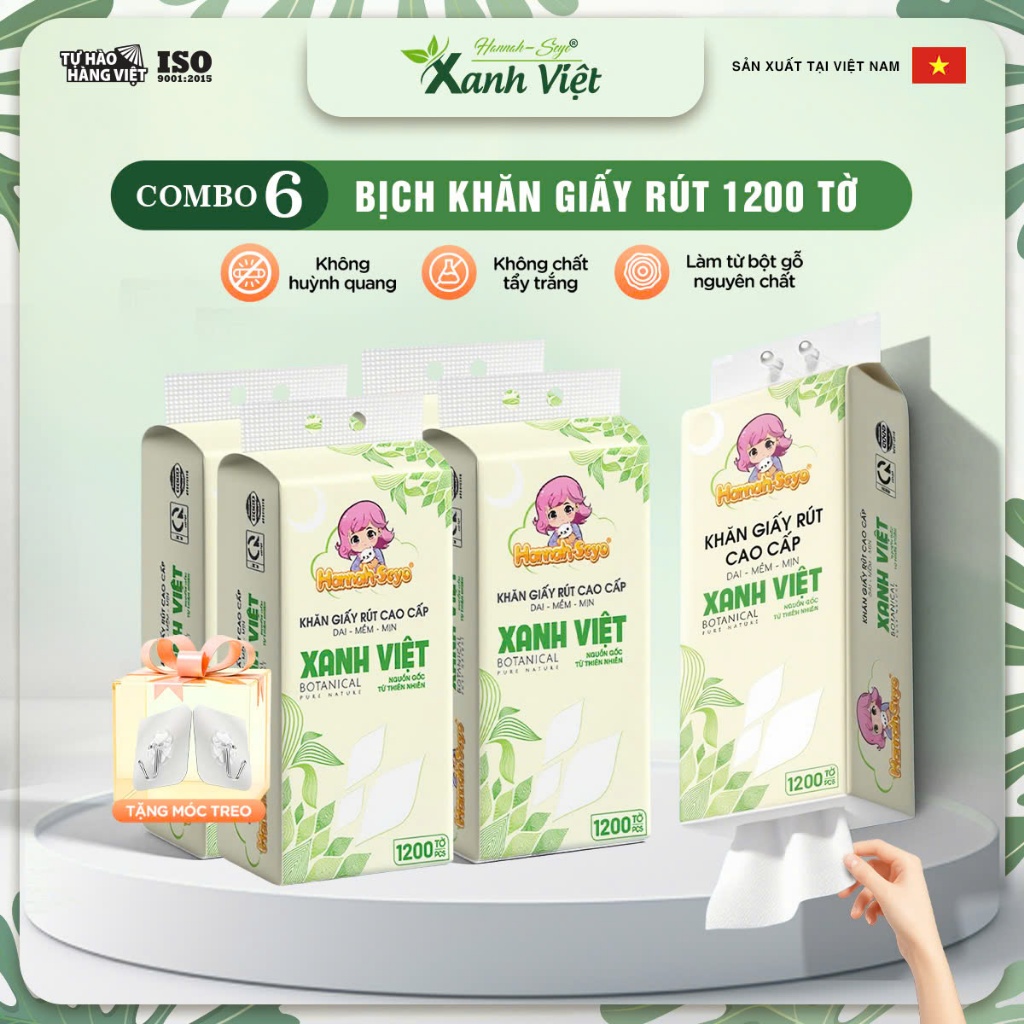 Combo 06 bịch khăn giấy rút Xanh Việt Hannah seyo 1200 tờ 4 lớp dai mềm mịn sử dụng đa năng