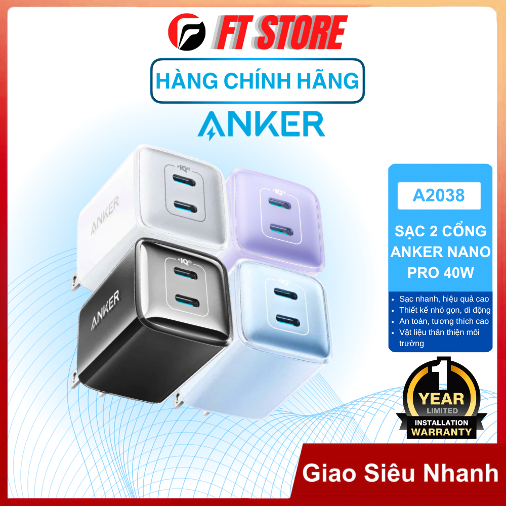 Củ sạc nhanh Anker Nano Pro 521 - A2038 40W Sạc nhanh hiệu quả, tương thích rộng, bền bỉ- Chính hãng