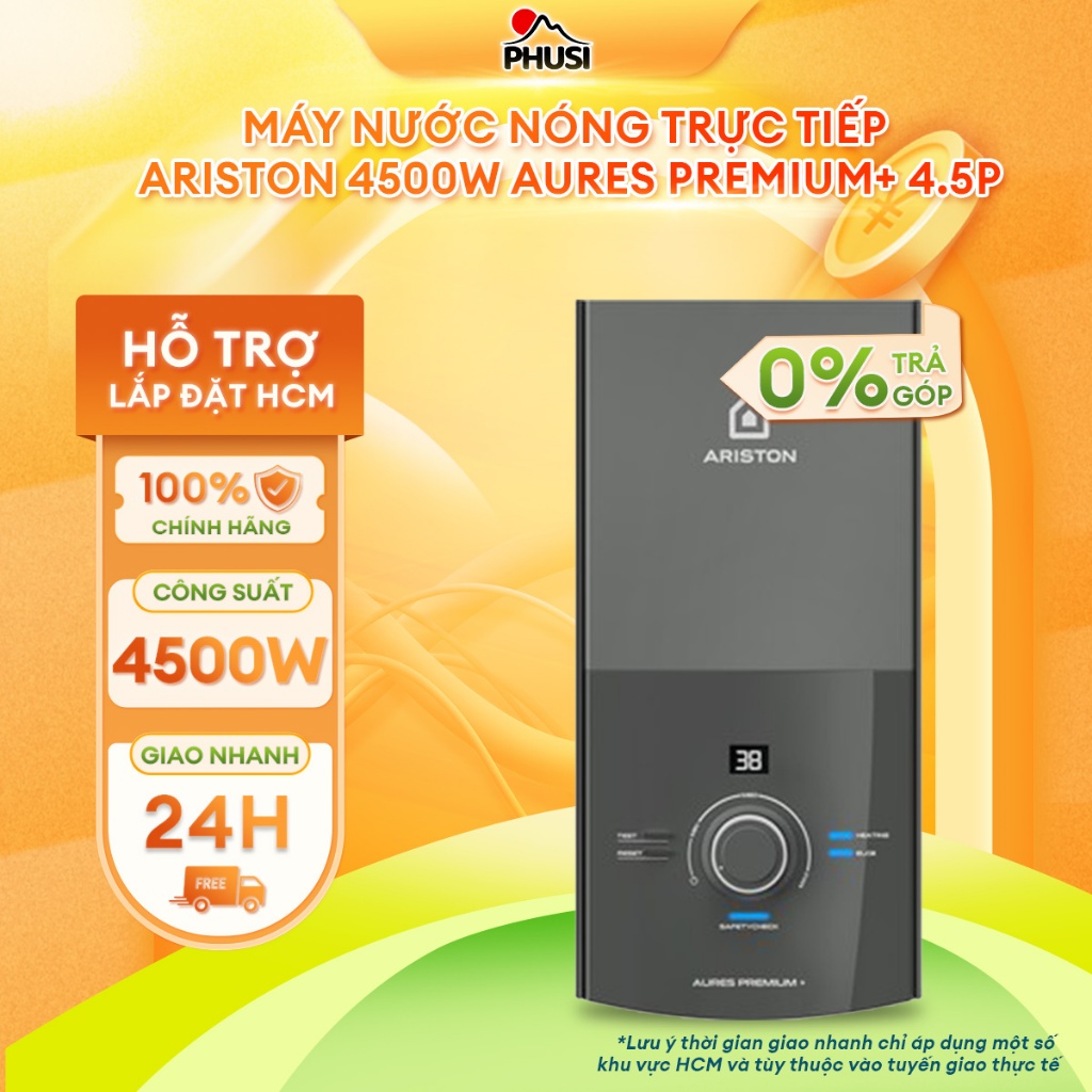 AURES PREMIUM+ 4.5P Máy nước nóng trực tiếp Ariston 4500W, có bơm trợ lực - BH Chính Hãng