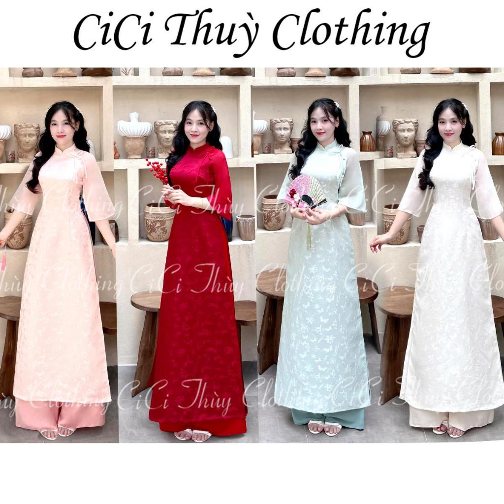 Áo Dài Tết 2026 - Áo Dài Như Ý Chất Liệu Gấm Châu Sa Đính Nơ Cúc Bọc Dáng Eo - CiCi Thuỳ Clothing