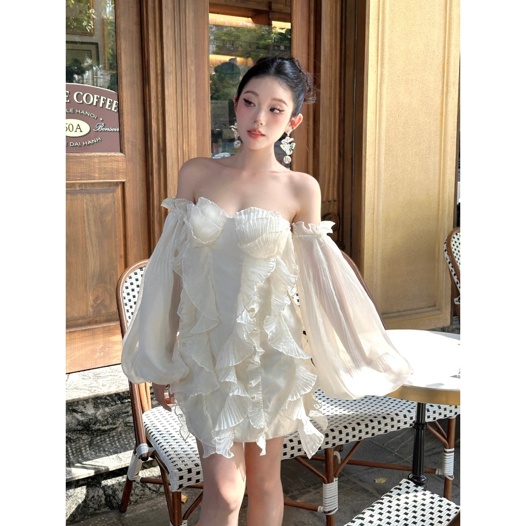 Váy đầm dự tiệc Crushie dáng ngắn trễ vai tay dài bồng phối bèo - độc quyền Crushie Jelly Dress