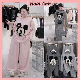 Set Bộ Đồ Nữ Kẻ Ngang Hồng Đen Áo Dài Tay Form Thụng Đính Mặt Gấu Mickey Lông Nổi Mix Quần Boom Dài Ống Rộng