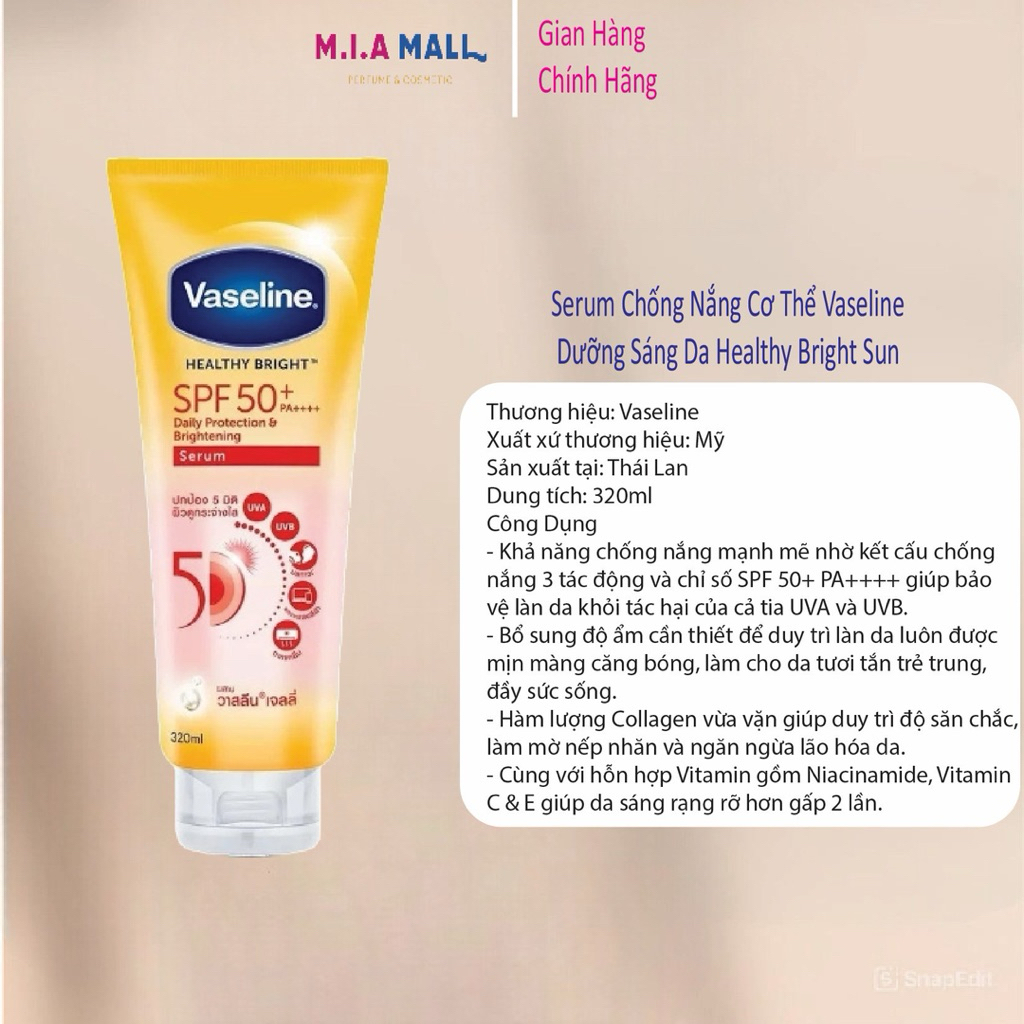 Dưỡng thể vaseline 50x vàng Healthy Bright Chống Nắng Spf 50++