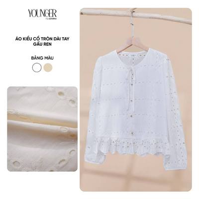 Áo kiểu nữ YOUNGER BY CARDINA chất liệu vải thô cổ tròn dài tay gấu ren 5YAKD09