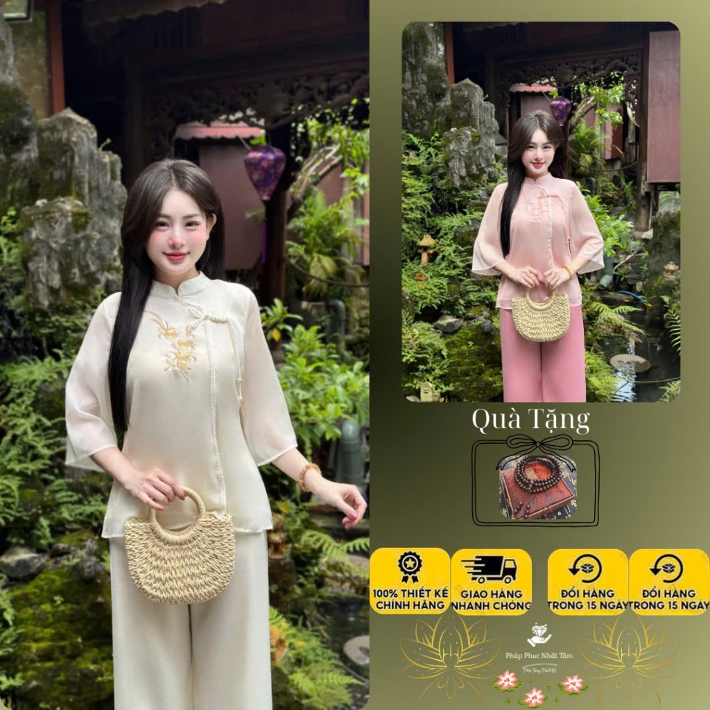 Ms01 Bộ lam đi chùa nữ vải voan tơ 2 lớp thêu hoa, set đồ phật tử thanh lịch sang trọng lehuy