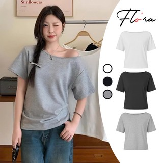  Áo Thun LỆCH VAI FORM RỘNG Dáng Dài Cộc Tay Basic DD90 Áo Thun Nữ Chất Cotton Kiểu Hở Vai Flo'ra 