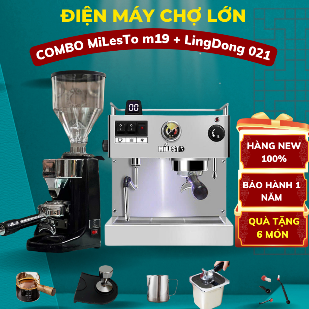 Combo Máy pha cà phê Milesto EM19 + Máy xay Lingdong 021 Kèm nhiều quà tặng