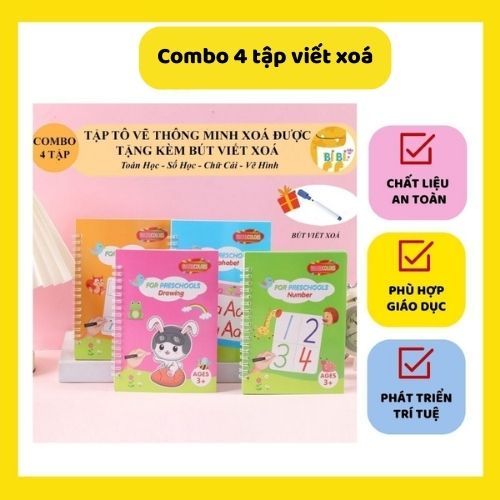 Combo Vở Viết Xóa Thông Minh Cho Bé – Bộ 4 Quyển Học Viết Kèm Bút Viết Xoá