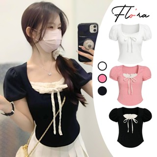 Áo Croptop CỔ BÈO TAY PHỒNG Buộc Nơ Vạt Tròn Bầu Chất Thun Gân CR75, Áo Thun Nữ Trơn Ôm Body Flo'ra