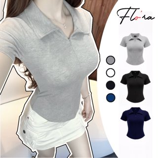 Áo Thun TAY NGẮN CỔ BẺ DÂY KÉO Giọt Lệ VẠT BẦU DÁNG DÀI Thun Gân DD52, Áo Thun Nữ Cổ Polo Ôm Body Flo'ra