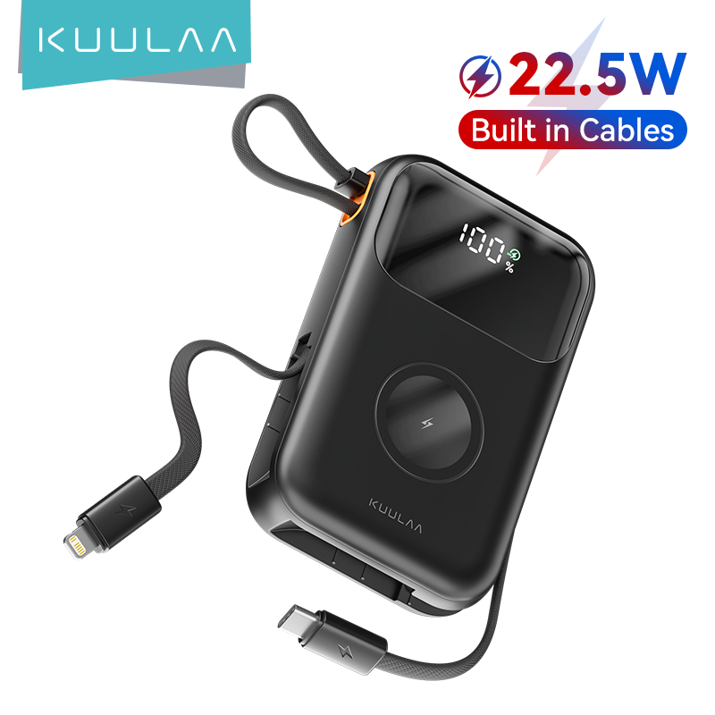 Pin Sạc dự phòng Kuulaa 10000mAh có cáp tích hợp & màn hình LCD, Bộ sạc pin dự phòng nhanh 22,5W, th