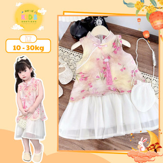   A107 - HÀNG LOẠI 1  Váy trung thu cho bé gái set yếm trung thu cho bé gái vải đũi tơ cao cấp cổ tàu in họa tiết hoa 