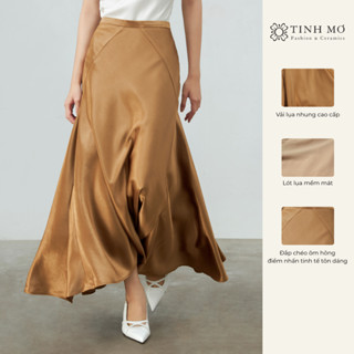 TINH MƠ – Chân váy lụa nhung nâu cao cấp hai lớp, cạp eo đắp chéo ôm hông tinh tế dáng xoè dài