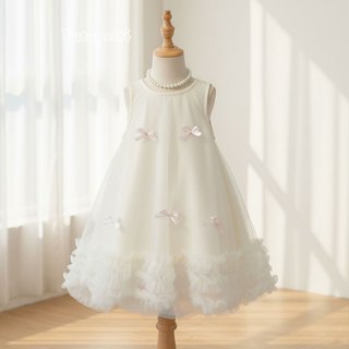 Đầm dự tiệc cho bé gái Tutupetti màu trắng kem nơ xinh dáng xòe bồng xinh xắn