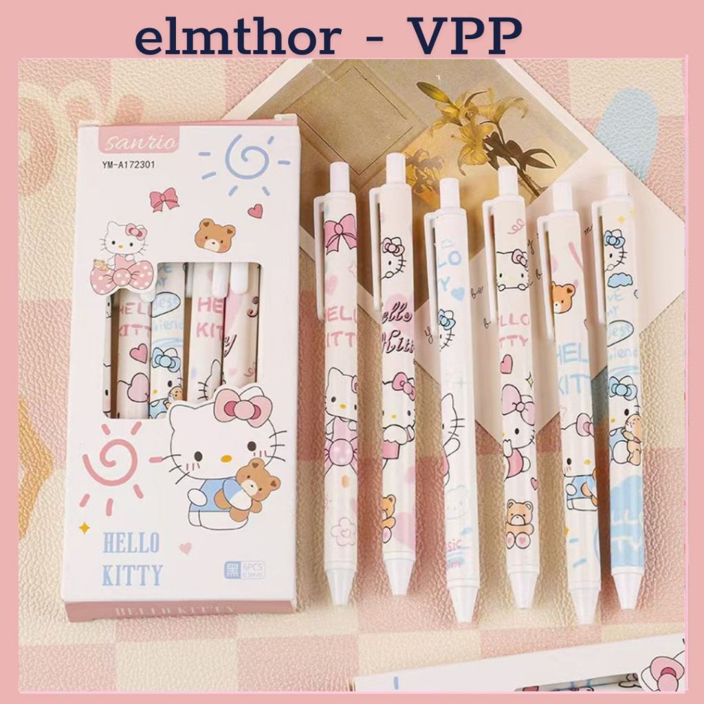 elmthor - VPP Hộp 6 Cái bút Gel Sanrio hoạt hình dễ thương Hello Kitty 0.5 Mm mực đen-B12