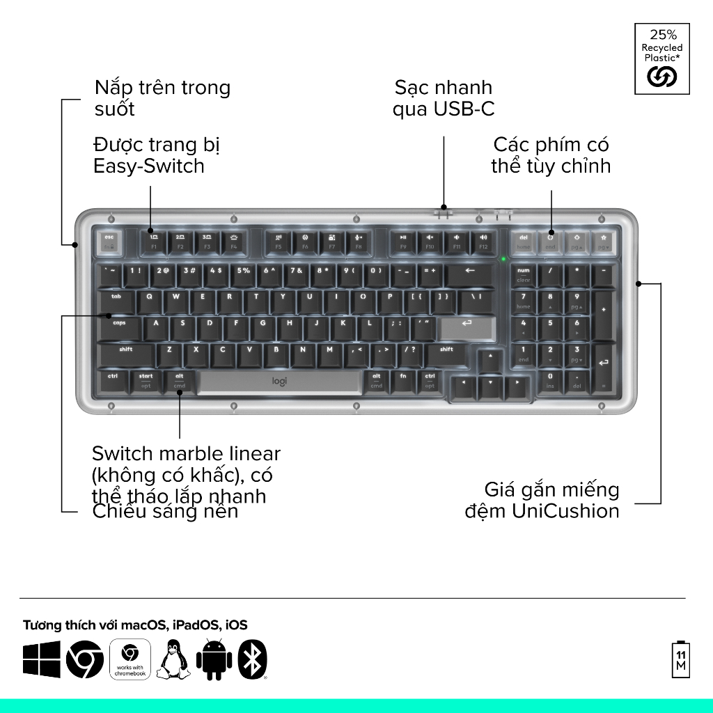 Bàn phím cơ không dây Logitech Alto Keys K98M - Đệm hấp thụ rung động, đèn nền, Bluetooth, Sạc USB-C | BigBuy360 - bigbuy360.vn