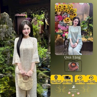  Ms58 Pháp phục lễ chùa,set gấm hoạ tiết lông công cổ tròn cúc tết tay 3 tầng 