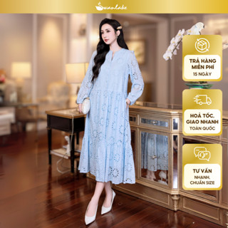 SWANLAKE | Váy Đầm Nữ Maxi Đuôi Cá Babydoll Cotton Thêu Đục Lỗ Trơn Cổ Trụ Cài Nút Tay Dài Hè D12394
