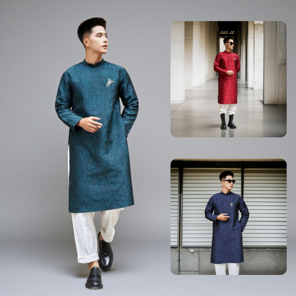 Áo Dài Nam Cách Tân Gấm Vân Dáng Ngắn Khóa Sau N002