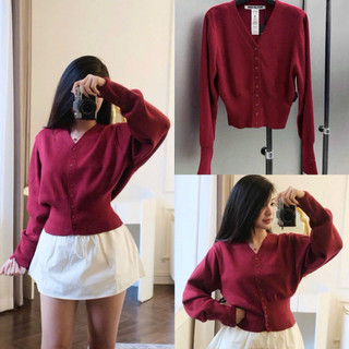  Áo len cardigan đỏ dáng ngắn cổ tim hàng dệt kim mềm mại form ôm tôn dáng thời trang thu đông nữ 