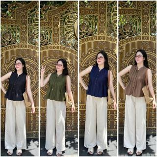  Sét bộ áo babydoll xếp ly nút dừa phối quần ống suông trẻ trung hack dáng_SBNT_779 