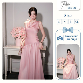  Đầm thiết kế KHÂU Design Lụa cổ đổ phối tơ hồng hoa vai K968 sang chảnh quý phái 