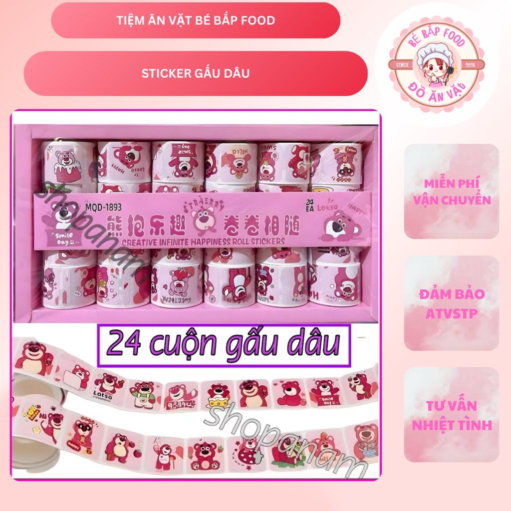 (GIÁ SỈ) Hộp 24 cuộn dán sticker gấu dâu siêu nhiều, cuộn Sticker chủ đề Gấu Dâu dạng tem siêu xinh