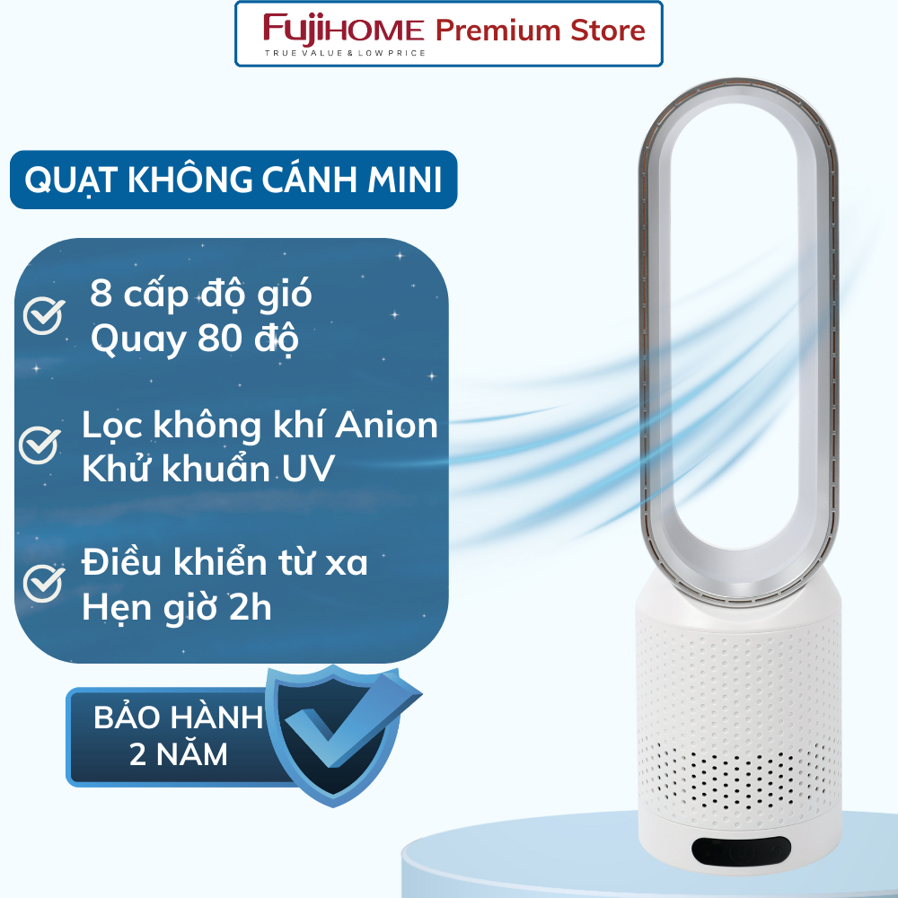 Quạt Không Cánh Mini Fujihome BF16 Lọc Không Khí Khử Khuẩn Anion + UV - Thiết Kế Sang Trọng, An Toàn