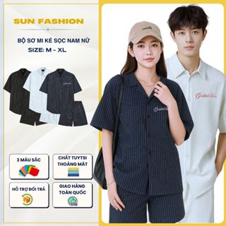 Bộ sơ mi ngắn tay nam nữ kẻ sọc thêu chữ basic 3 màu SUN mẫu đơn giản, dễ phối đồ trẻ trung Menswear