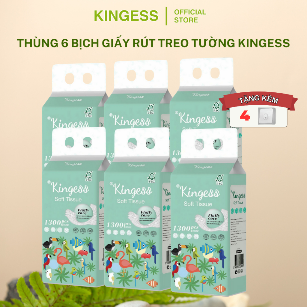 Giấy vệ sinh treo tường KINGESS thùng 6 bịch làm từ bột gỗ nguyên chất treo tường đa sắc 1300 tờ