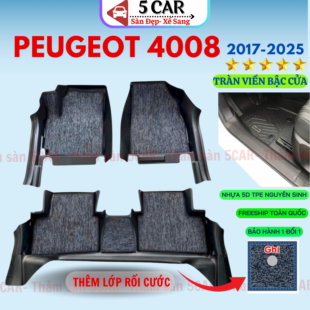 Thảm lót sàn NHỰA đúc TPE 5D xe Peugeot 408 2017-2025, Mẫu Tràn viền bậc cửa - MẪU BẬC DÀI