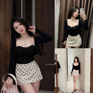  DAY CHIC - Set áo ôm body tay dài mix thêm áo cúp ngực váy chấm bi 