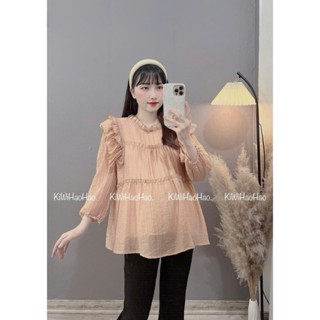  Áo bầu - Áo bầu dài tay thu đông dáng babydoll chất tằm nhăn viền bèo cổ vai - A072 
