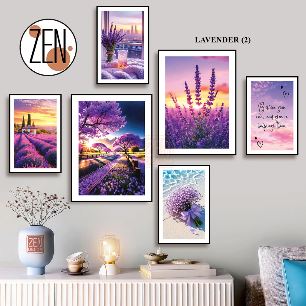 Tranh treo tường, Lavender Print, Vintage Flower Art- Set 6 bức tranh dán tường hoa lavender