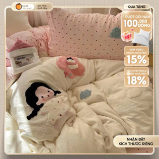 [NEW] Bộ ga giường 4 món cotton đũi mềm mịn, cao cấp, thêu nổi hoạ tiết 3D cute  - CAM CHĂN GA GỐI