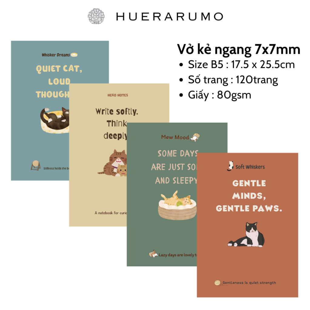 Vở Kẻ Ngang B5 120 Trang HUERARUMO –Bộ sưu tập Minimal Mew – Giấy viết 80gsm, may chỉ.