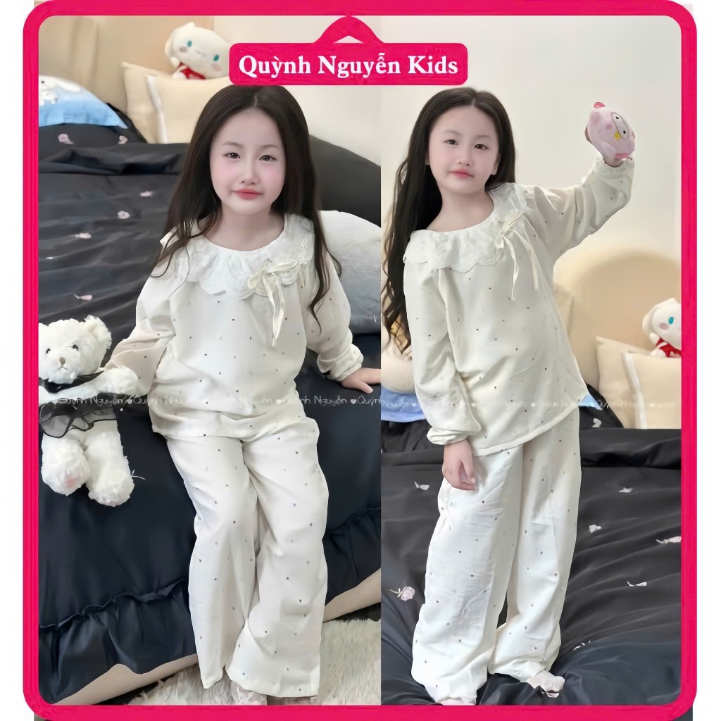 [20kg-52kg] Quần áo trẻ em bé gái, Set mặc Nhà Chấm Bi Bèo Cổ (G6), Có Size Từ 20kg đến 52kg