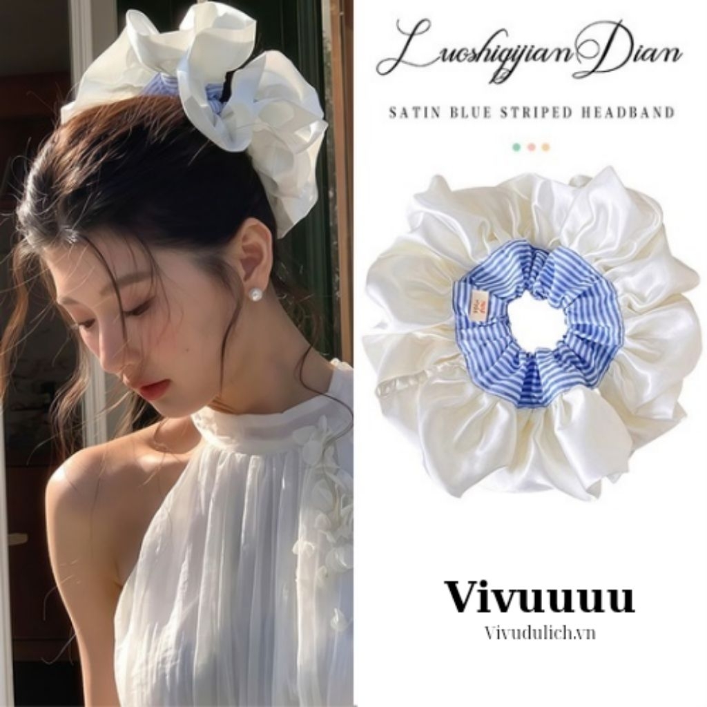 Xanh Trắng Lớn Puffy Cổ Điển Tóc Dây Buộc Tóc Scrunchies Phụ Kiện Tóc