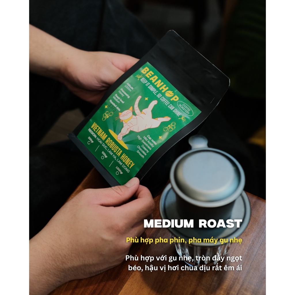 Cà phê Robusta Lâm Hà Honey Rang Vừa Rang Medium Pha Máy Pha Phin Gu Nhẹ