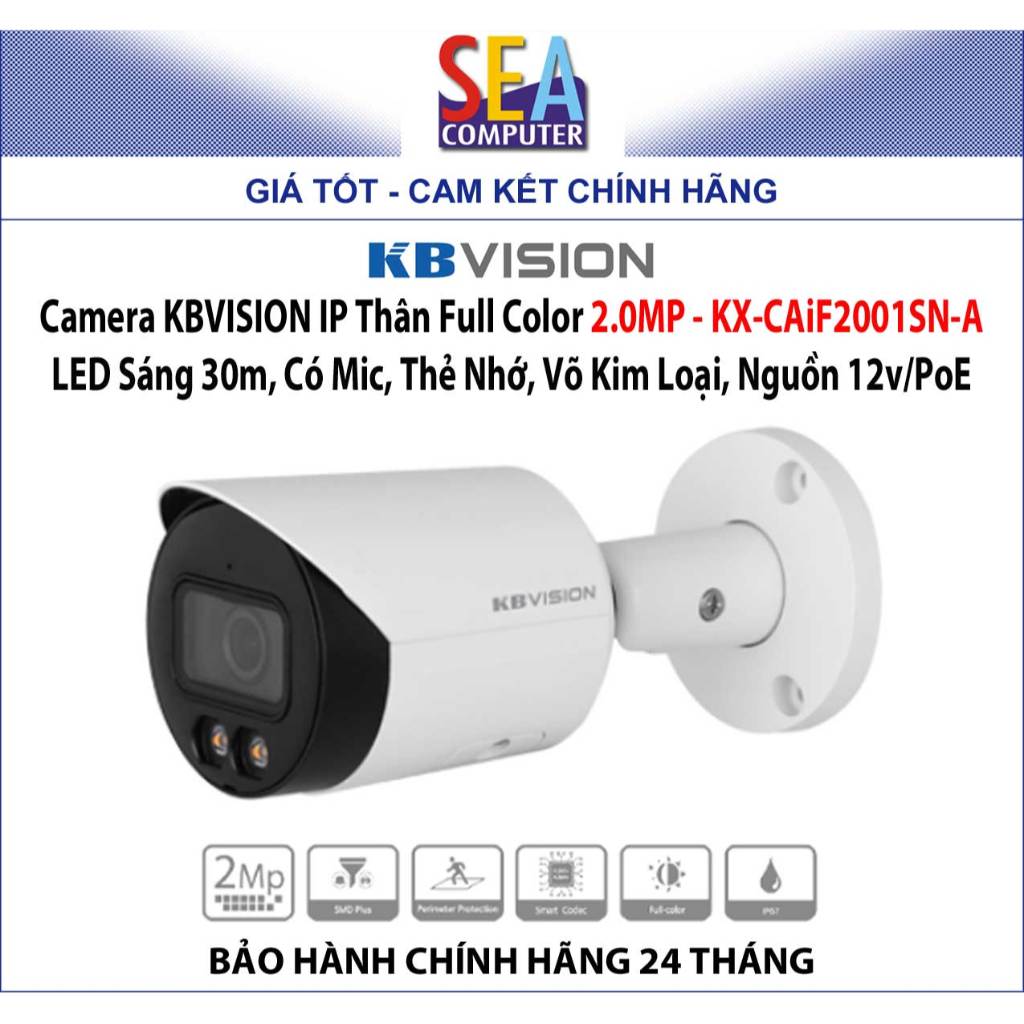 Camera KBVISION IP Thân Full Color 2MP -KX-CAiF2001SN-A -LED 30m,Mic,Thẻ Nhớ, Võ Kim Loại