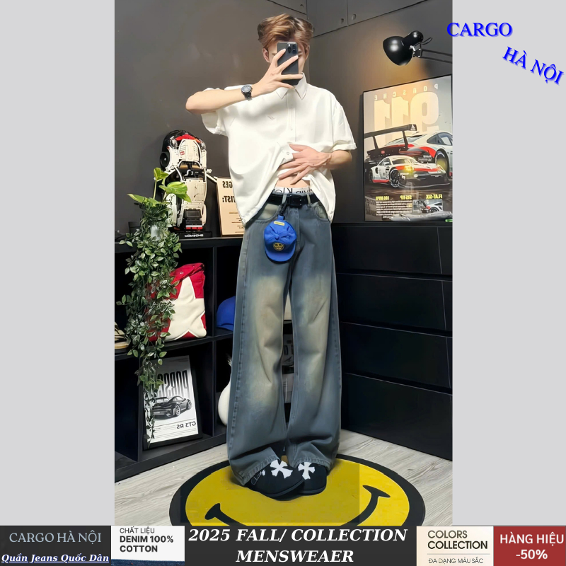 Quần Jean Nam Ống Suông Rộng Xám Wash Retro Cargo, Quần Jean Dáng Baggy Nam Lưng Cao Phong Cách Hàn Quốc The Jeans | BigBuy360 - bigbuy360.vn