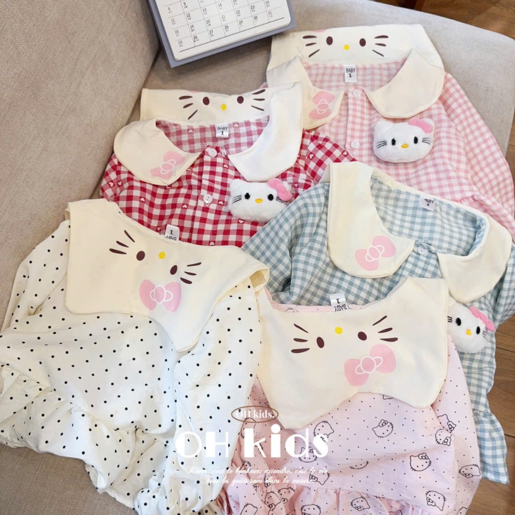 Đồ bộ bé gái, Pijama cho bé gái, Set pijama Hello Kitty kẻ caro phối bèo phong cách tiểu thư cho bé 