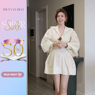 Đầm sơ mi dài tay tay phồng dập li THUYVANTRAN