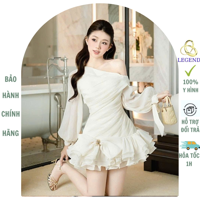 Váy tiểu thư dài tay trễ vai dáng xoè ngắn, Váy đi tiệc xoè tầng sang chảnh tiểu thư LEGEND