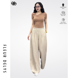 Quần Vải Suông Nữ Fleurdelys Màu Be Thêu Chữ Delys Khoá Sườn DLQA166