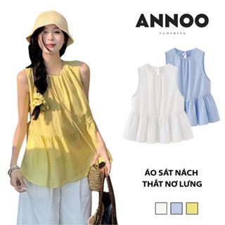 Áo sơ mi nữ Manoostudio áo kiểu sát nách dáng áo babydoll thắt nơ lưng xinh xắn