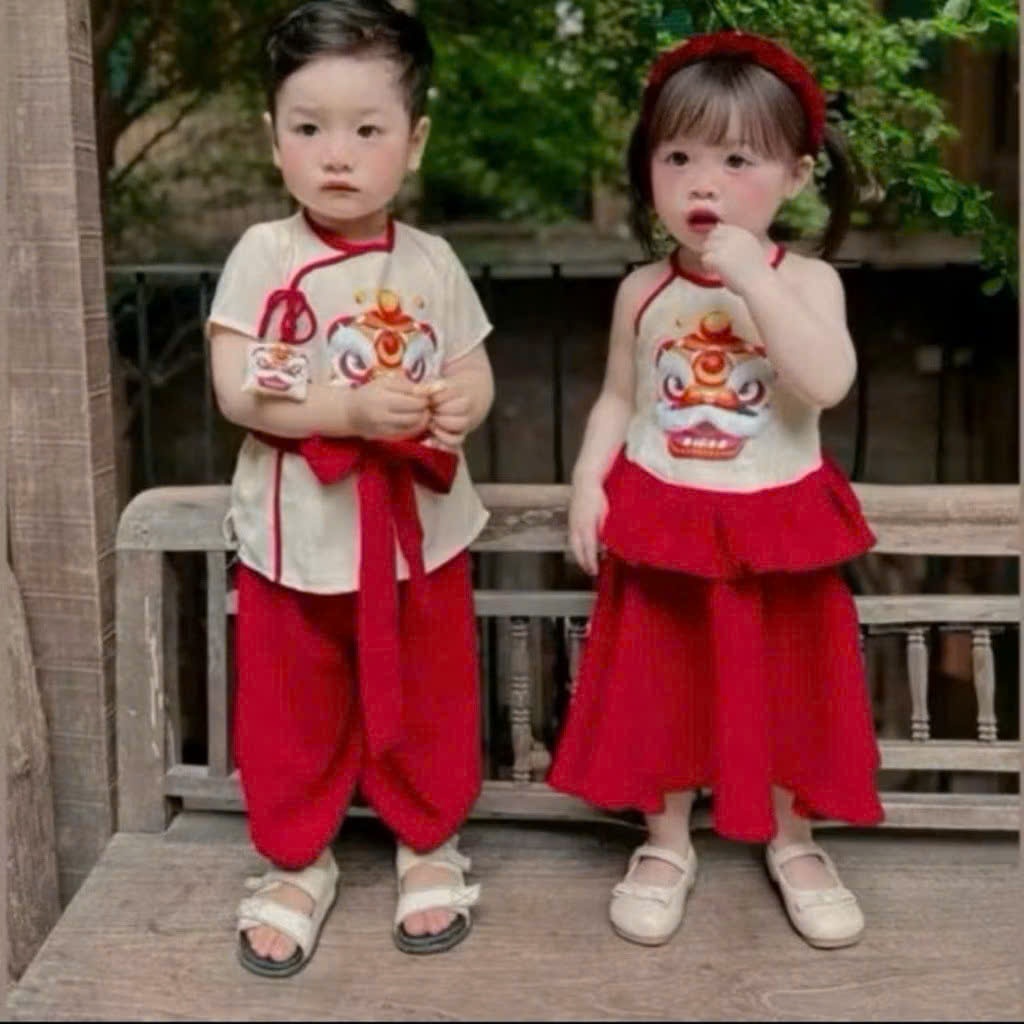 Quần áo trung thu cho bé, Đồ trung thu cho bé gái, Set áo gấm lụa phối váy họa tiết chú lân siêu xin