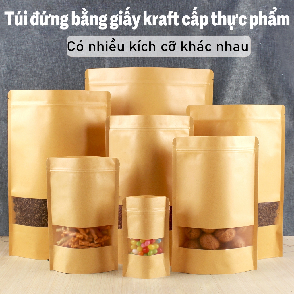 100 túi giấy kraft nâu đựng thực phẩm có khóa kéo, túi giấy đựng thực phẩm có khóa kéo nhiều kích cỡ